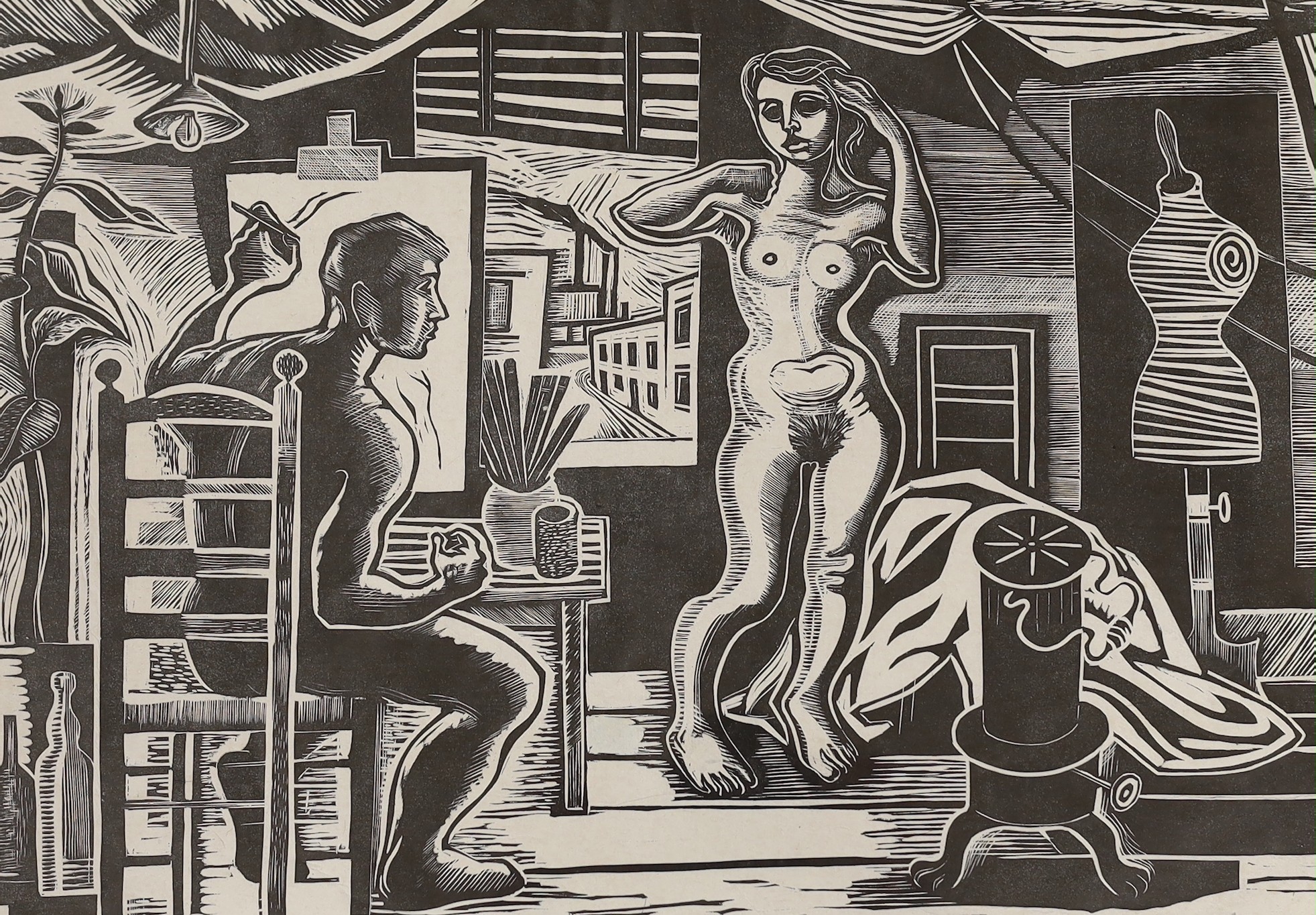 Frank Vernon Martin (British, 1921-2005), wood engraving, 'The Studio', signed, 33 x 46cm